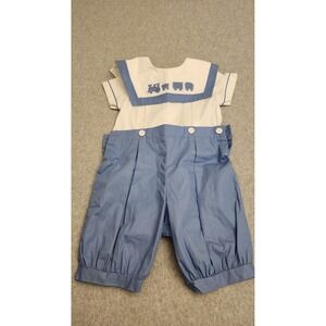 Vtg Kids Lynley Designs Romper Boys 24 Mos Blue Train Embroidered Outfit USA